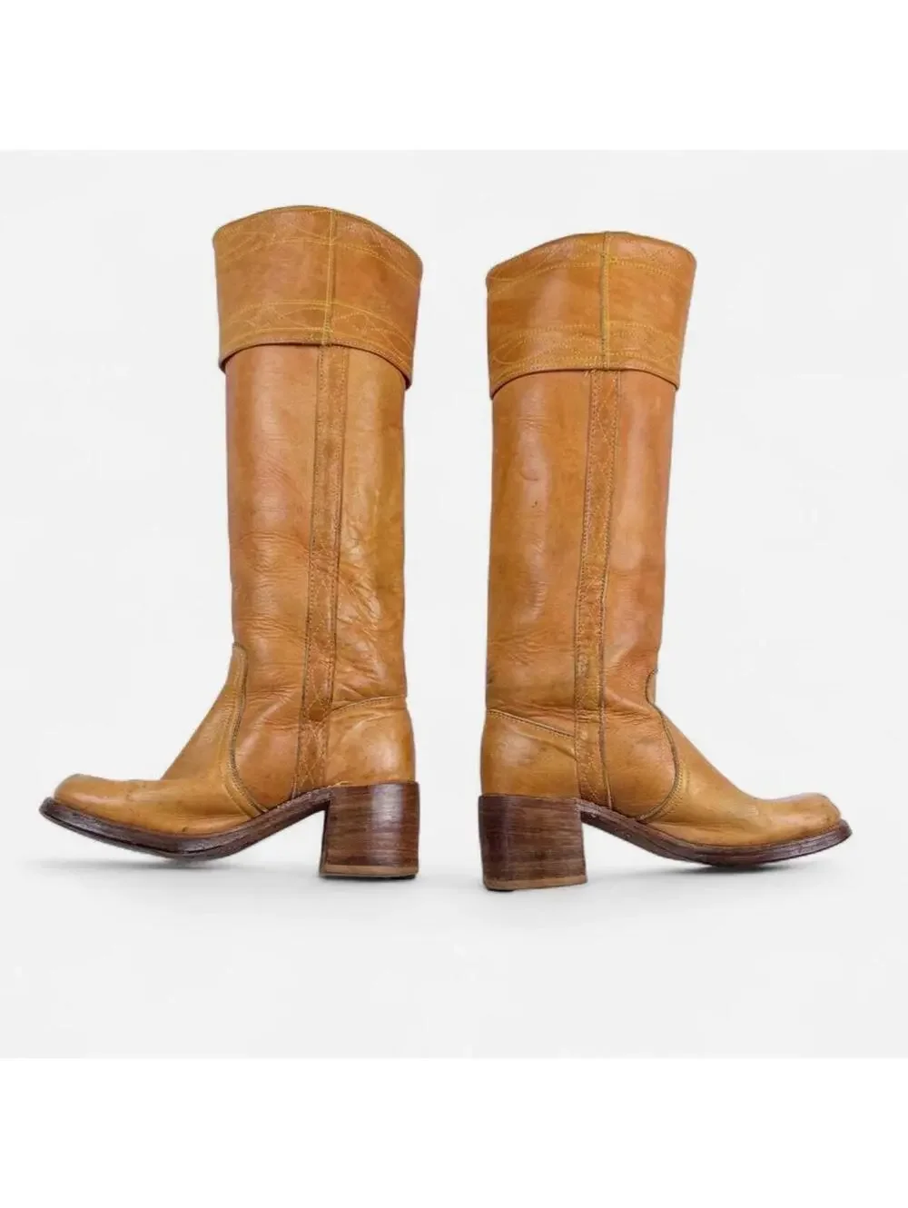 Frye 60s 70s Campus Boots Tall Stacked Heel Pull On in Cognac Brown Black Label